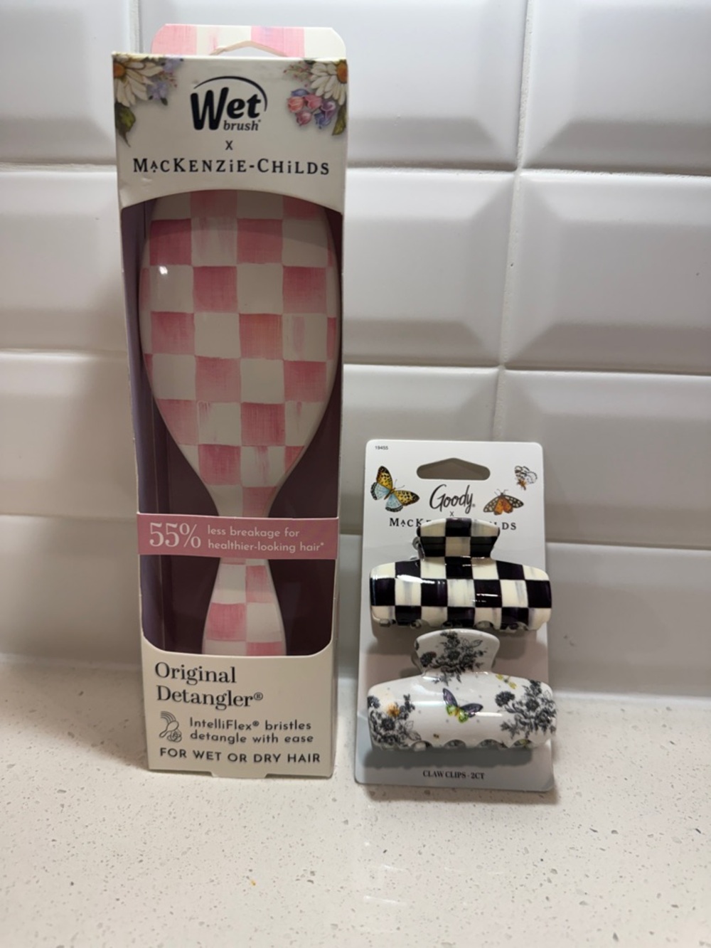 MacKenzie-Childs Pink and White Checkered Original Detangler Brush & clips